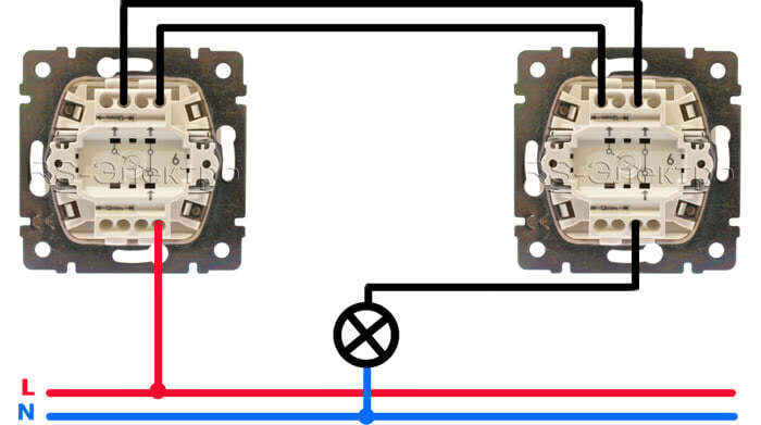Расключение проводов на проходном выключателе