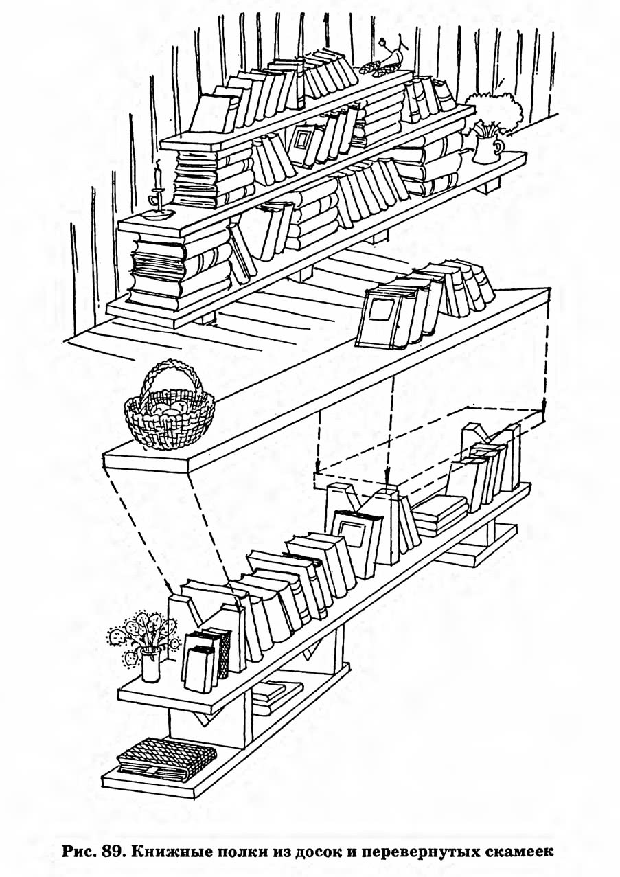 Рис. 89. Книжные полки из досок и перевернутых скамеек