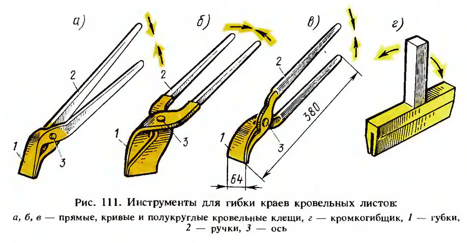 Рис. 111. Инструменты для гибки краев кровельных листов
