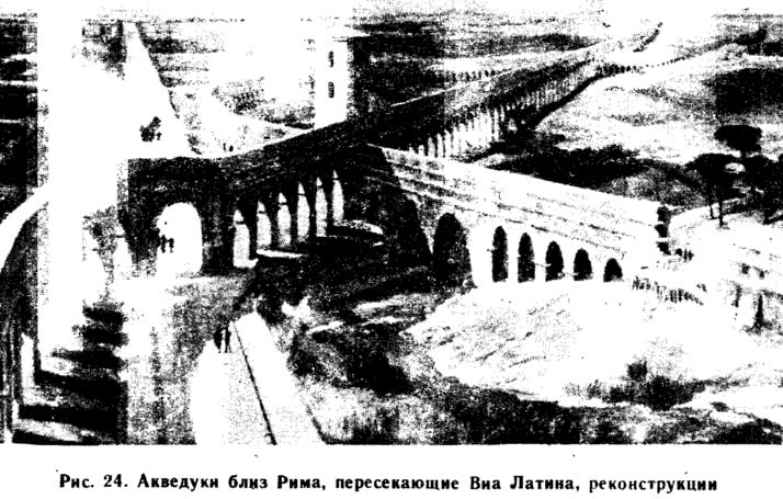 Рис. 24. Акведуки близ Рима, пересекающие Виа Латина, реконструкции