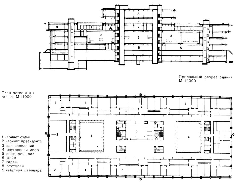 План этажа и продольный разрез здания