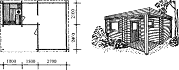 Рис. 60. Фасад и план сауны на 3 человека с предбанником и комнатой отдыха.