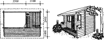 Рис. 61. Фасад и план сауны на 4 человека с комнатой отдыха и открытым крыльцом.