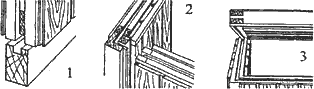 Рис. 73. Соединения щитовых стеновых элементов сауны: 1 — рамка под стойку; 2 — угловое соединение стен; 3 — стык стены с потолком.