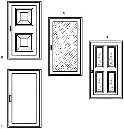 Рис. 83. Разновидности дверей: а – филенчатые; б – остекленные; в – шкафные, частично остекленные; г – гладкие