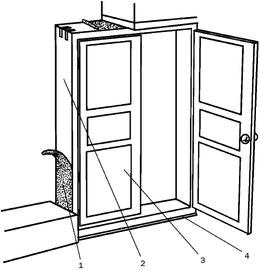 Рис. 86. Конструкция распашных двухстворчатых дверей: 1 – гидроизоляционный слой; 2 – дверная коробка; 3 – дверное двухстворчатое полотно; 4 – порог коробки