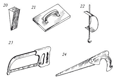 Рис. 71 (Продолжение). Инструменты для облицовочных работ: 20 – деревянный клин; 21 – хлопушка; 22 – вертикальная подвеска с согнутой пластиной; 23 – ножовка по металлу; 24 – ножовка